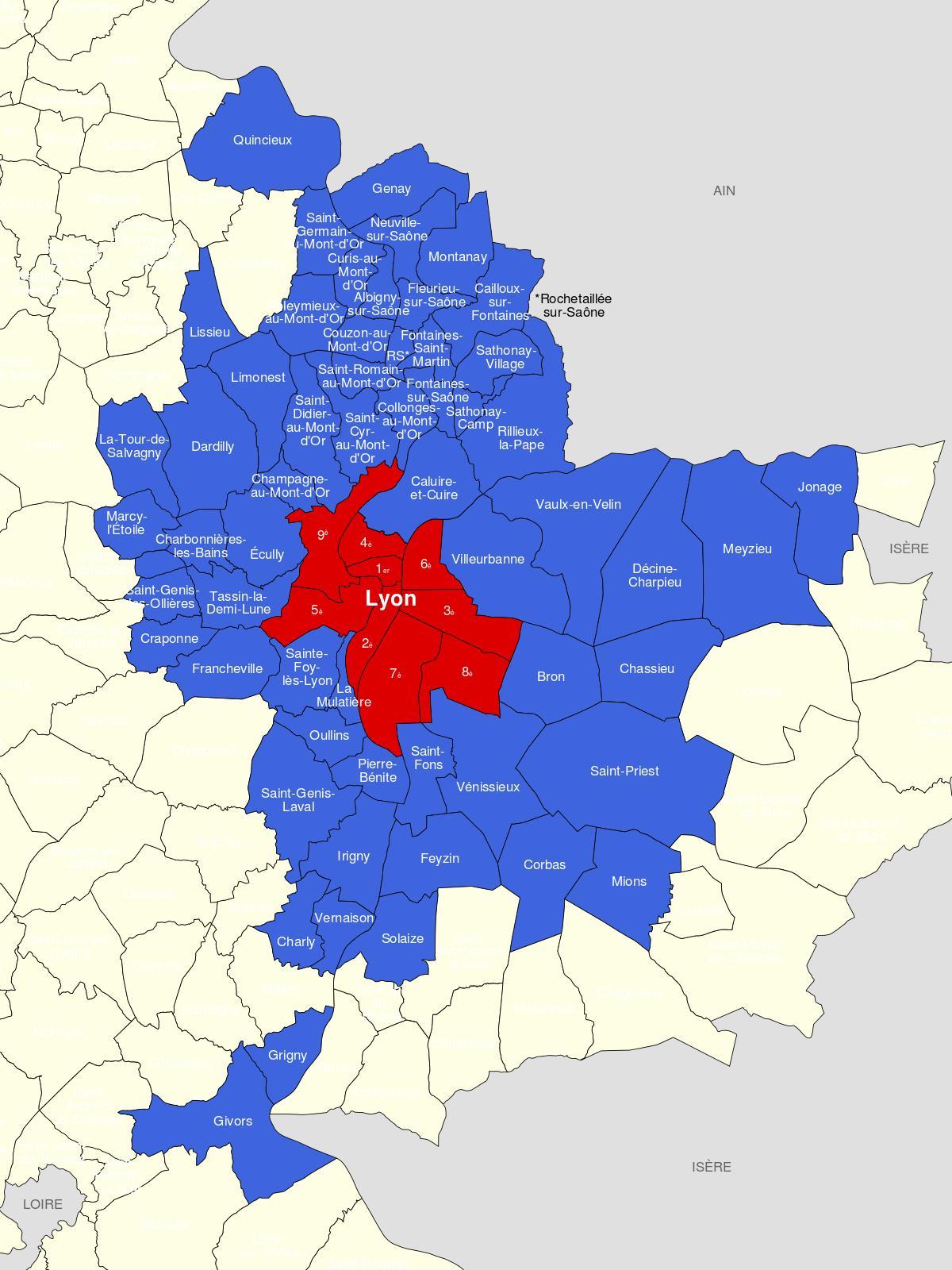 kart av Lyon forstad 