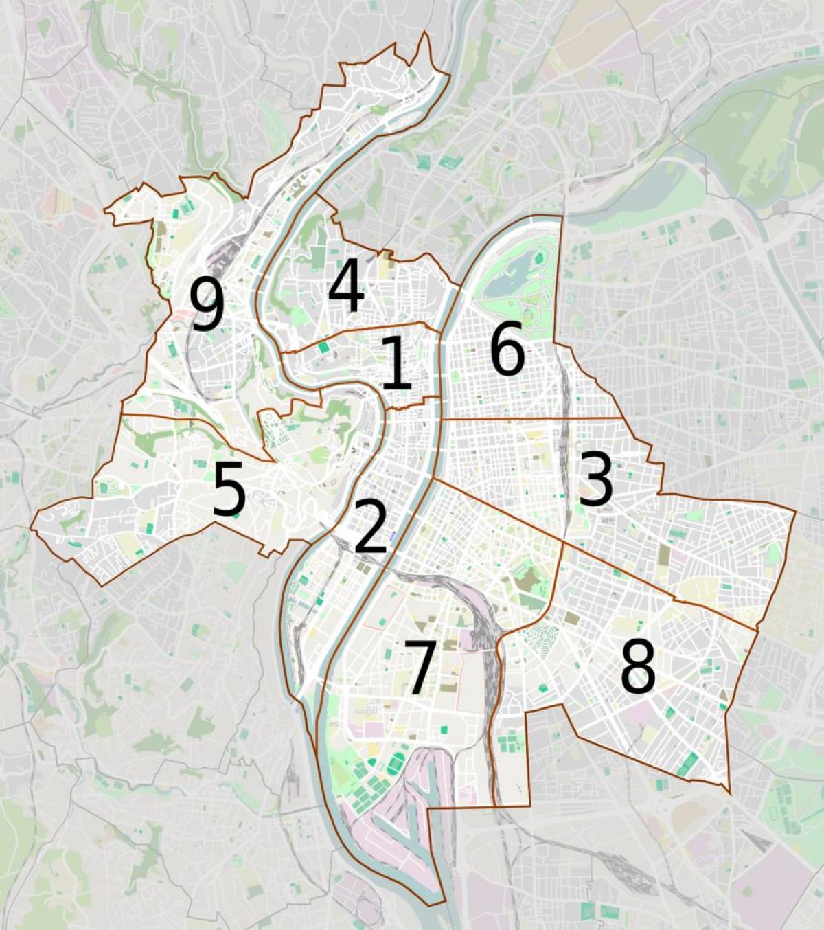 kart av Lyon distriktene