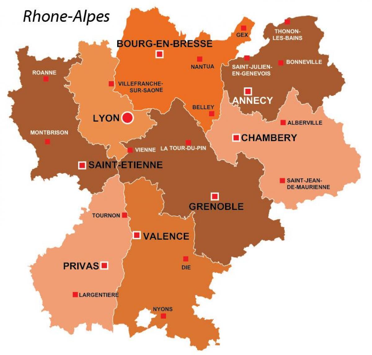 Lyon region - Lyon-regionen i frankrike kart (Auvergne-Rhône-Alpes