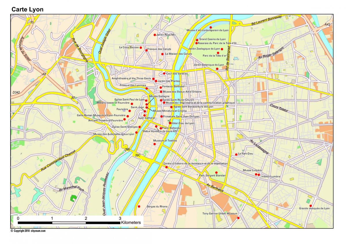 Lyon turistattraksjonene kart
